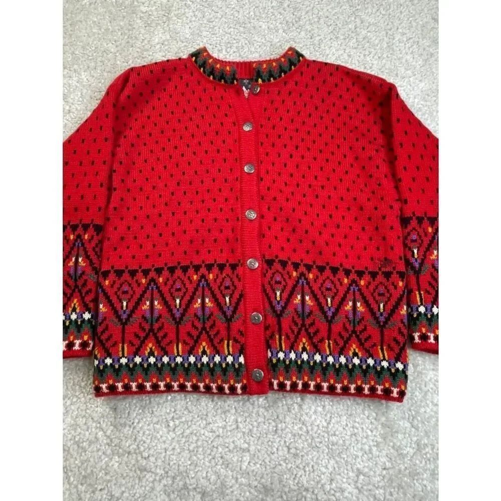 Dale Of Norway Red Fairisle Button Front Cardigan Sweater